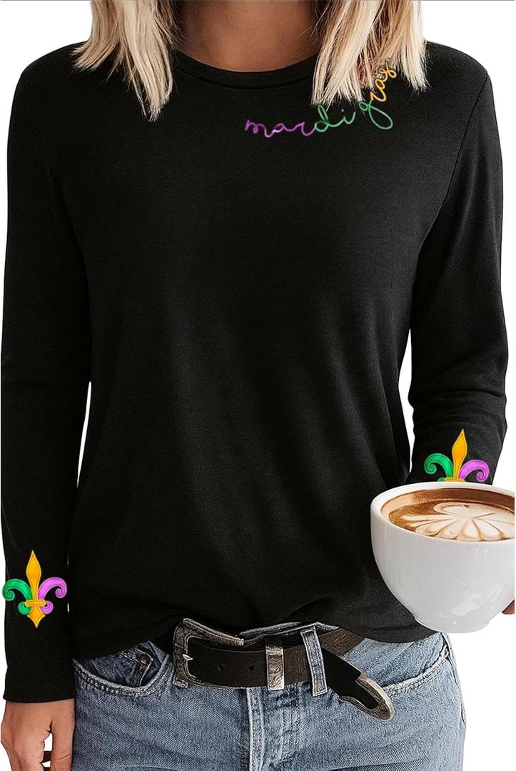 Mardi Shirt for Women Glitter Mask Graphic Carnival New Orleans Party T-Shirt Long Sleeve Tee Top (XL)
