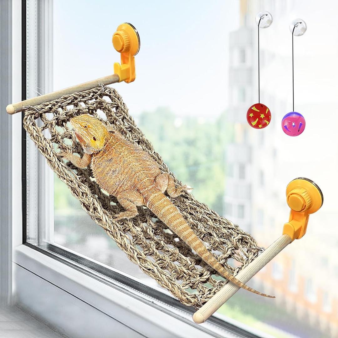 VCEPJH Bearded Dragon Window Perch Reptile Window Hammock Natural Seagrass Lizard Lounger Bed with Powerful Suction Cups Climbing Toys Tank Accessories for Gecko Chameleon Basking (15.75 * 7.87)