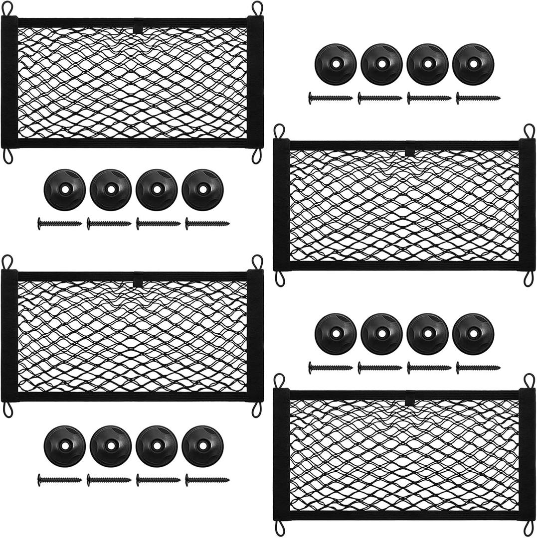 [4 Pack] Cargo Storage Net, DEDC Cargo Net Pocket Universal Accessories Elastic Automotive Large Cargo Net Storage Mesh Pocket with 16 Mounting Screws, Hooks for Truck Car SUV Boats (19.7"x9.8")