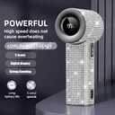 Portable Handheld Fan, Luxury Diamond Turbo Mini Fan with Digital Display, 5 Speeds USB-C Rechargeable Personal Fan for Women Men, Small Pocket Fan for Travel, Makeup, Outdoor (Sparkling-Black)