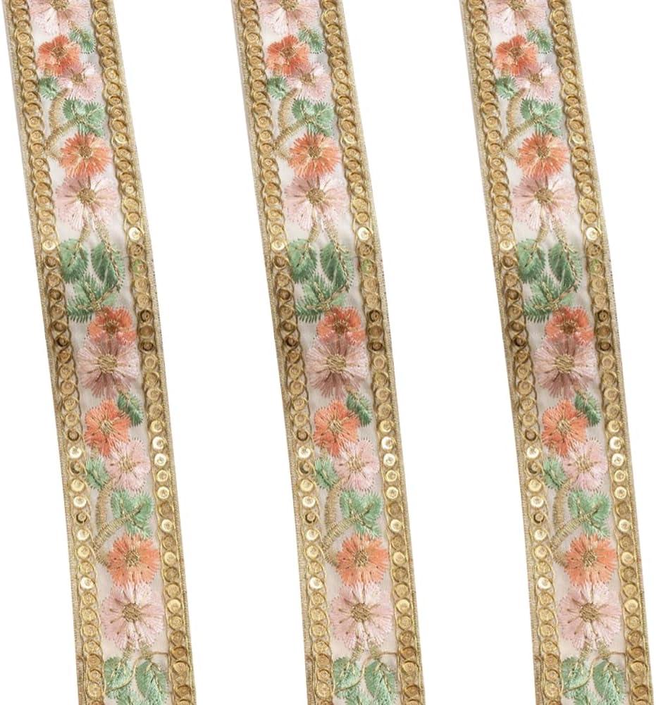 10 Yards White Floral Jacquard Ribbon Boho Gold Metallic Flower Embroidered Fabric Ribbons Sequin Vintage Ethnic Woven Applique Trim for Sewing Making Crafts Christmas Invitations Wedding
