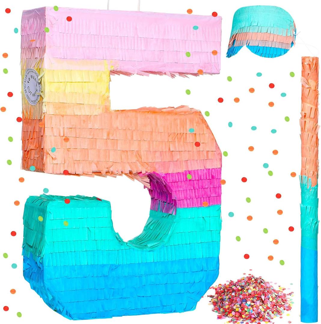 Jenaai 16 Inch Number Piata Kids Birthday Party Macaron Piata with Blindfold Stick and Confetti for Unicorn Birthday Wedding Baby Shower Decor(Number 5)