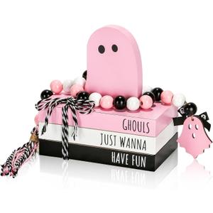 Pink Halloween Decorations 5PCS Table Centerpieces, Cute Girlie Tabletop Halloween Decor for Tiered Tray Shelf Mantel Fire Place Office Desk Rustic Farmhouse Wood Faux Book Stack and Ghosts Sign