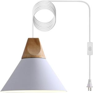 Modern Plug in Pendant Light,Haning Light with 16.4ft Cord, On/Off Switch,Hanging Light with Plug in,Solid Wood,Matte White