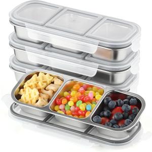 3 Compartment Stainless Steel Snack Containers with Lids- 3 Compartments Bento Lunch Snack Boxes - Reusable Meal Prep Lunch for Adults for Home Travel (3compartment4PCS)