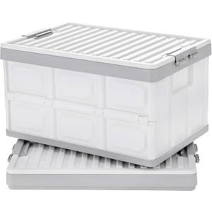 Collapsible Storage Bins with Lids 30L, Folding Plastic Stackable Utility Crates 2-Pack, Durable Containers for Home & Garage Organization - Oyster White