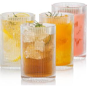 POLIDREAM Vintage Ribbed Glassware Set: 4pcs 16.9oz XL Drinking Glasses, Fluted Ripple Drinkware, Origami Style, Elegant Glassware for Whiskey, Cocktail, Iced Coffee, Juice, Beer, Soda