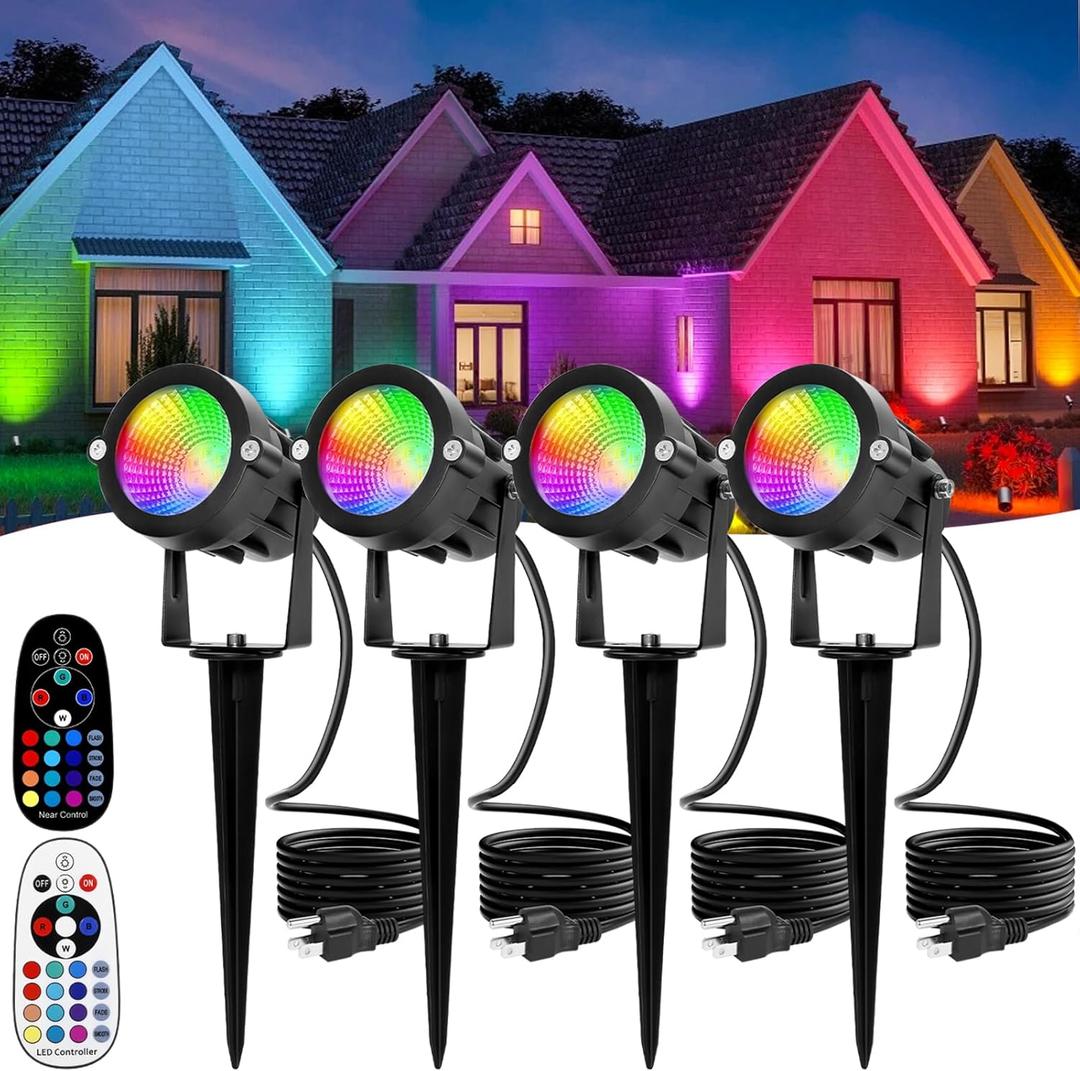 Halloween Decoration Outdoor: Spotlight RGBW with Remote Control 16 Color Changing LED Landscape Lighting Plug in 120V Waterproof Outdoor Spot Light for Yard Garden Patio Lawn Christmas Décor, 4 Pack