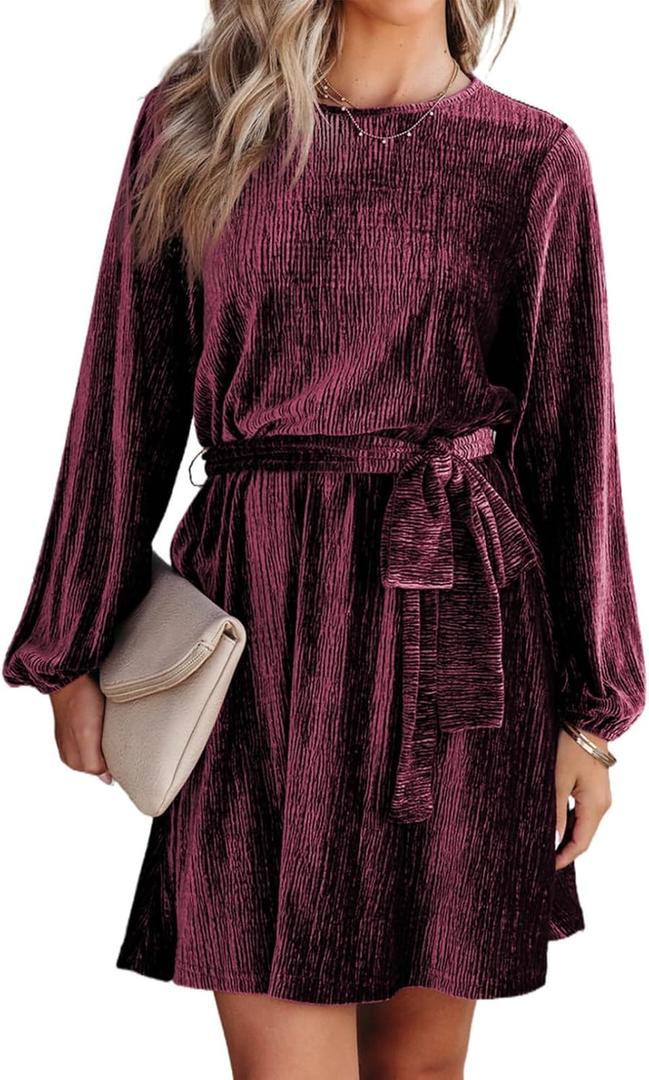 Happy Sailed Women's Cocktail Dresses Fall Winter Fashion Lantern Sleeve Empire Waist A-Line Skater Velvet Mini Party Dress with Belt Red Small