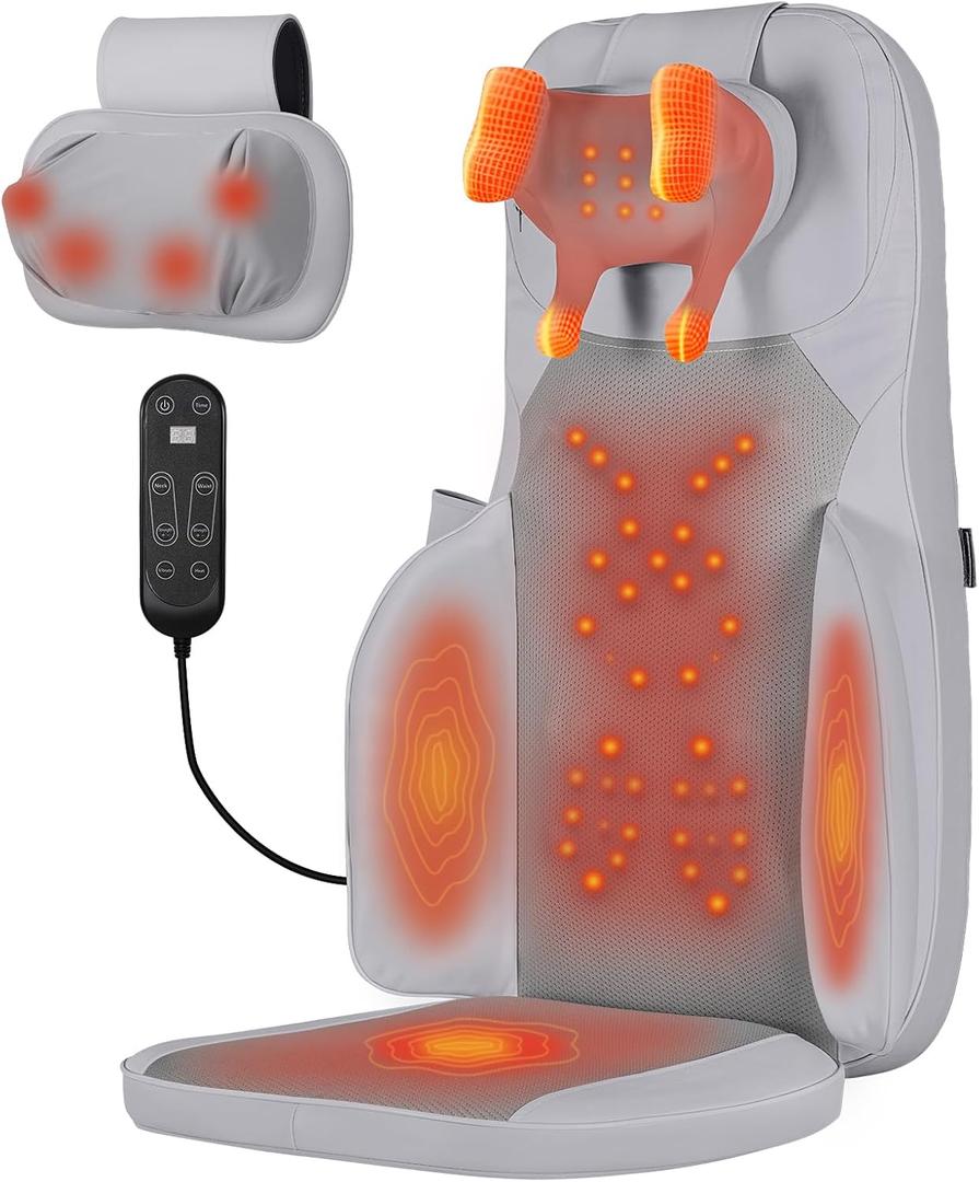 Shiatsu Neck and Back Massager with Heat - 3D Kneading & Vibration Full-Back Massage Cushion to Ease Muscle Stiffness, Adjustable Intensity & Height for Office Chair, Home Use (Grey)