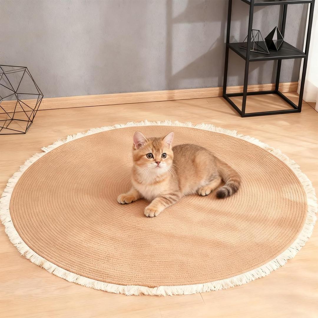 Cotton Rope Area Rug for Cats, Cat Scratch Rug, Washable Boho Braided Circle Rug, Soft and Stylish Home Accen for Cat Lovers
