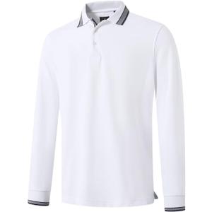 Men's Pique Polo Shirts Long Sleeve Cotton Blend Tipped Casual Collared Polo Shirts Business Classic Fit (White, XXL)