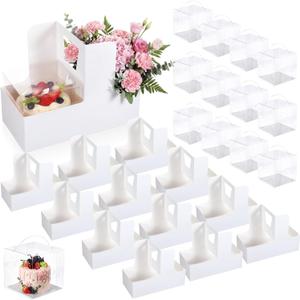 Qinyoung 12 Sets Mother's Day Flower Gift Box Cake Flower Gift Boxes with 12 Pcs Transparent PVC Cake Boxes Mother's Day Box for Teacher,Mom Wedding, Birthday Party(White,Classic,Blank)