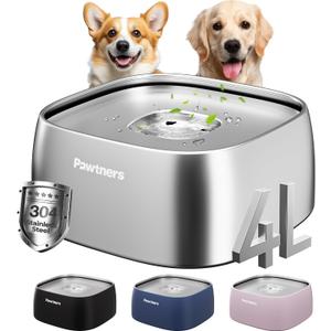 Dog Water Bowl No Spill, 4L All Stainless Steel Slow Water Bowl for Dogs with Non-Slip Base, Spill Proof for Medium Large Messy Drinkers, Slow Drinking, Slobber Stopper, No Mess, Silver