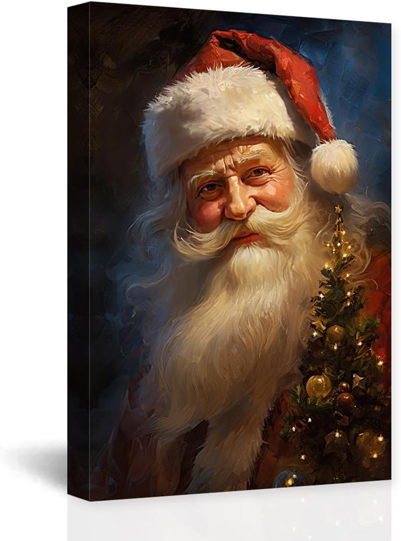CCWACPP Santa Claus Canvas Wall Art Christmas Pictures Wall Decor Vintage Santa Painting Print Artwork Home Living Room Decor Frame (16.00" x 24.00", Santa Claus - 1)