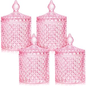 Aoriher 4 Pcs Crystal Glass Candy Jar Set with Lids Home Decorative Storage Jars for Apothecary, Bathroom, Kitchen, and Pantry, Ideal for Cotton Swabs and Jewelry(Medium,Pink)