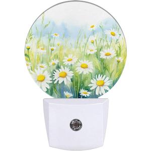 White Daisies Watercolor Night Light,Abstract Floral Plug-in Night Lights with Dusk-to-Dawn Sensor for Bedroom Bathroom and Living Room Sleep Friendly lamp