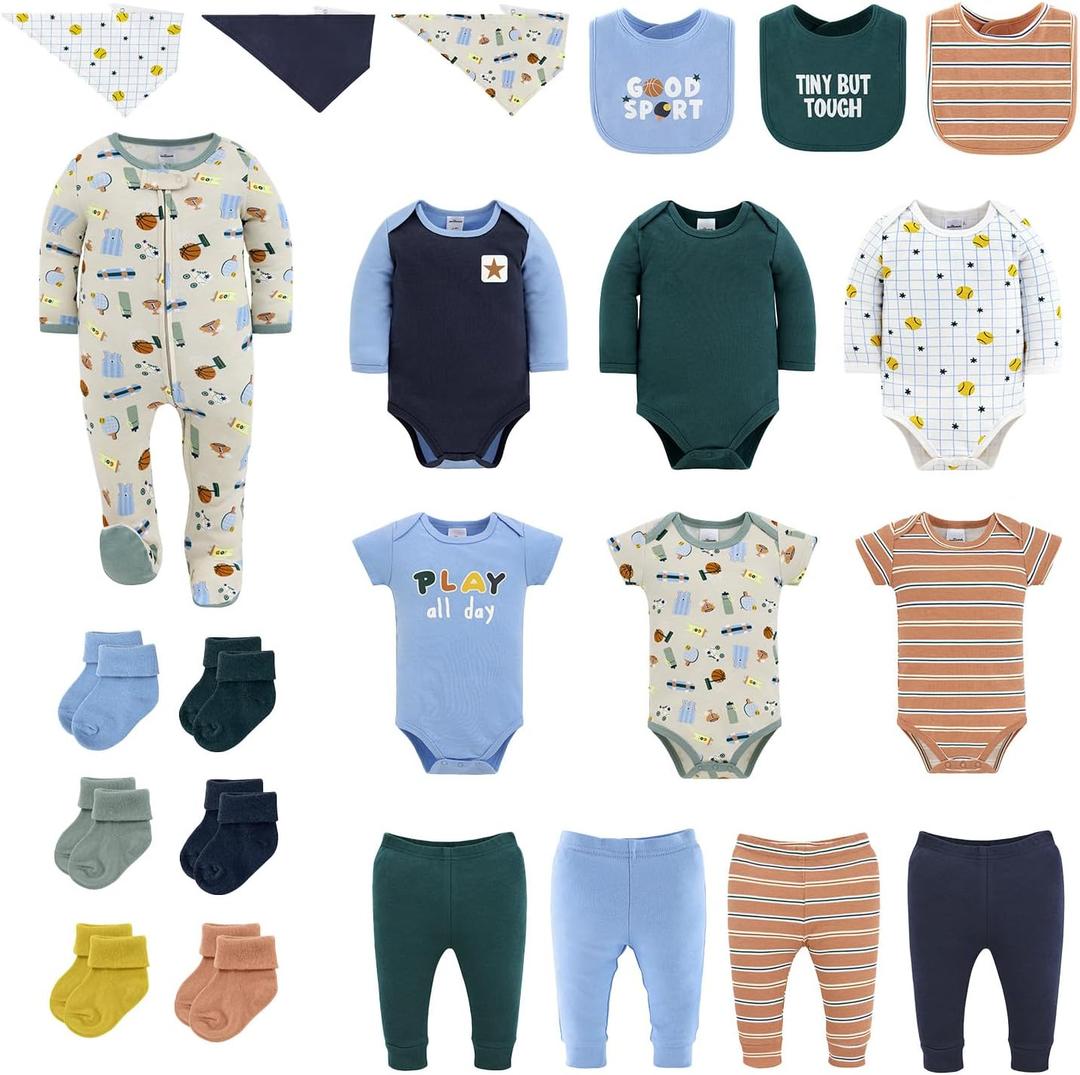 The Peanutshell 23-Piece Baby Boy Clothing Set, 100% Cotton, Newborn Essentials Must Haves, Blue & Multicolor (9 Months)