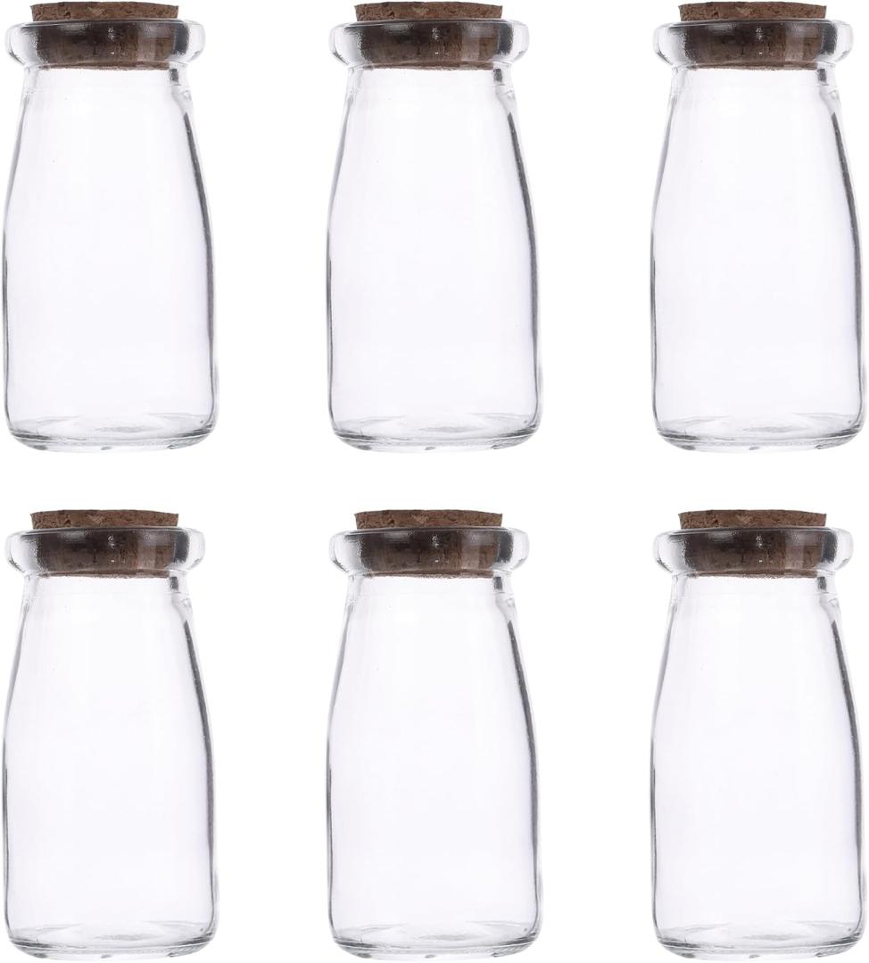 Set of 6 Mini Glass Pudding Jars with Cork Lids, 3.38 oz, Party Wedding Favor Storage Keepsake Containers, Honey Favor Jars, Small Milk Glass Bottle