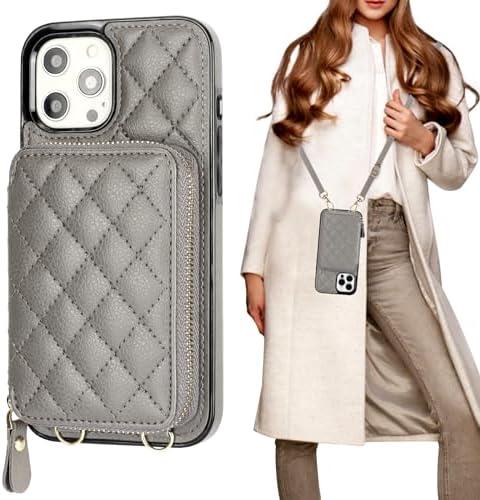 Bocasal Crossbody Wallet Case for iPhone 12 Pro Max, RFID Blocking PU Leather Zipper Handbag Purse Flip Cover, Kickstand Folio Case with Card Slots Holder Wrist Strap Lanyard 5G 6.7 Inch (Grey)
