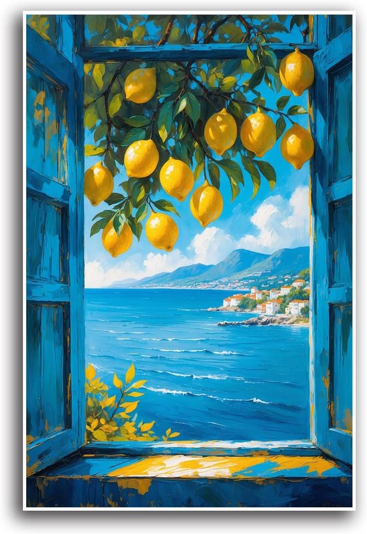 Vibrant vintage window canvas painting frame lemon tree branches with yellow fruits turquoise ocean waves white village red roofs in the distance scattered clouds coastal scenery tranquil home decor
