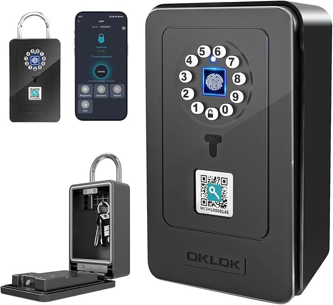 SFW New Smart Lock Boxes, Fingerprint Key Box Bluetooth Key Box with App Control & Passcode, Waterproof Wall Mounted & Door Hanging Security Lock Box (Fingerprint Unlock)
