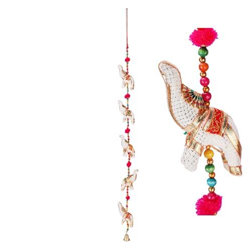 Crafts of India Handmade Rajasthani Five White Royal Elephants and Colorful Beads Main Door Wall Hanging Home and Office décor