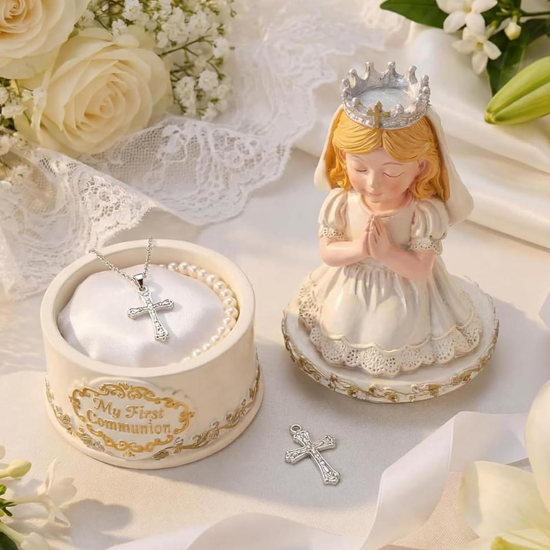 Bucherry First Communion Gifts for Girls 7.4 Inch Catholic First Holy Girl Praying Figurine Resin Box for Girls 1st Communion Gifts Baby Shower Religious Catholic Christian Table Decoration