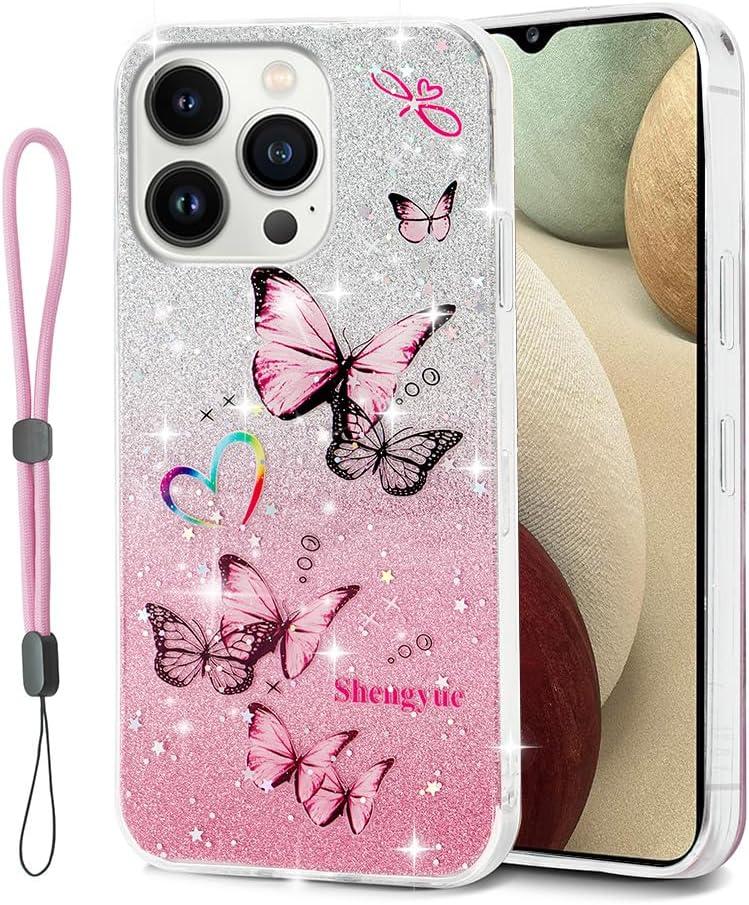 Designed for iPhone 14 Pro Max Case Cute Sparkling Garden Butterfly Soft TPU Shockproof Design for Teen Girls 6.7 inch (Pink)