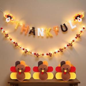 Hunnmingre Thankful Banner Set 3D Felt Thanksgiving Garland with LED String Lights, Hanging Fall Decor for Home, Party, Mantel, Front Door, Window, Wall (Turkey)