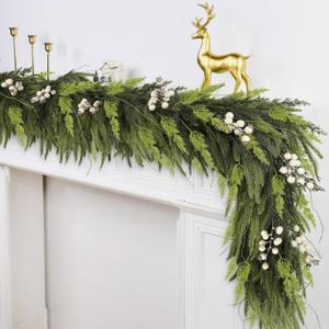 Artificial Spring Greenery Garland, 6 Ft by 10" Green Artificial Real Touch Pine Garlands with Realistic Norfolk Cedar Berries Vines Decor, Greenery Garland Home Mantle Indoor Outdoor Decoration