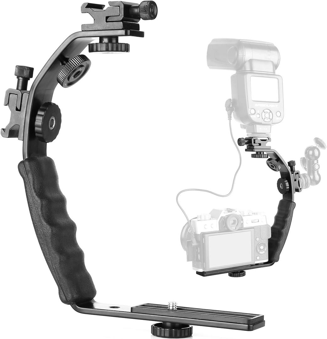 ChromLives Camera L Bracket Mount Video Grip L-Bracket with Dual Flash Cold Shoe Mount 1/4'' Tripod Screw, Heavy Duty Padded Hand Grip for DSLR Camera Camcorder (Updated)