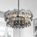 Black Crystal Chandelier for Dining Room 20" Smoke Gray K9 Crystal Pendant Light Flower Drum Chandelier Round Raindrop Hanging Light Fixture Adjustable for Over Dining Table Entryway Living Room