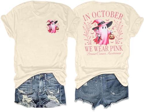 Breast Cancer Awareness Shirt Women in October We Wear Pink Ghost Shirts Pink Ribbon Short Sleeve Tee Tops, S