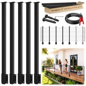 16-24FT Swageless Side Mount Cable Railing Post Kit, All Black Side Mount Railing System 42 Inch 5 Level Post, 295FT Cable, 24 Patent Terminal, Space-Saving Fascia Mount Deck Post DIY Length