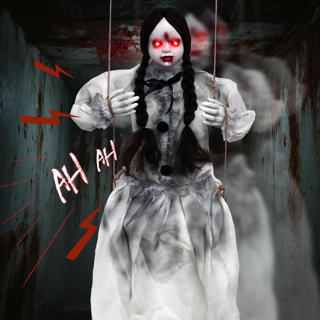 Scary Halloween Decorations Outdoor, Hanging Swinging Girl Ghost with Lighted Eyes and Creepy Sound, Sound Activated Scary Animatronic Doll Prop for Haunted House Yard Porch Halloween Party Decor