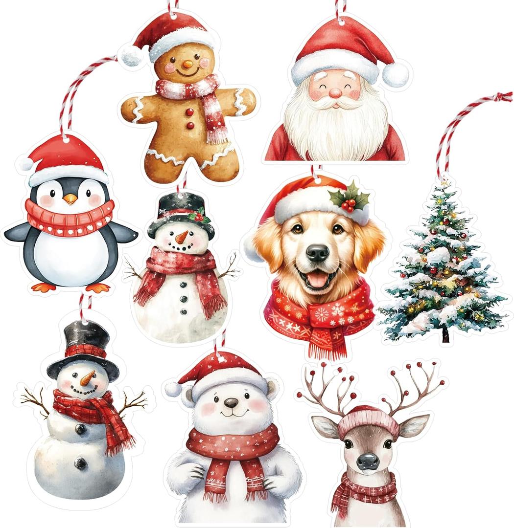 63Pcs Christmas Gift Tags, Christmas Hanging Labels with String, Watercolor Name Tags Gift Labels for DIY Xmas Holiday Present Wrapping (Retro)