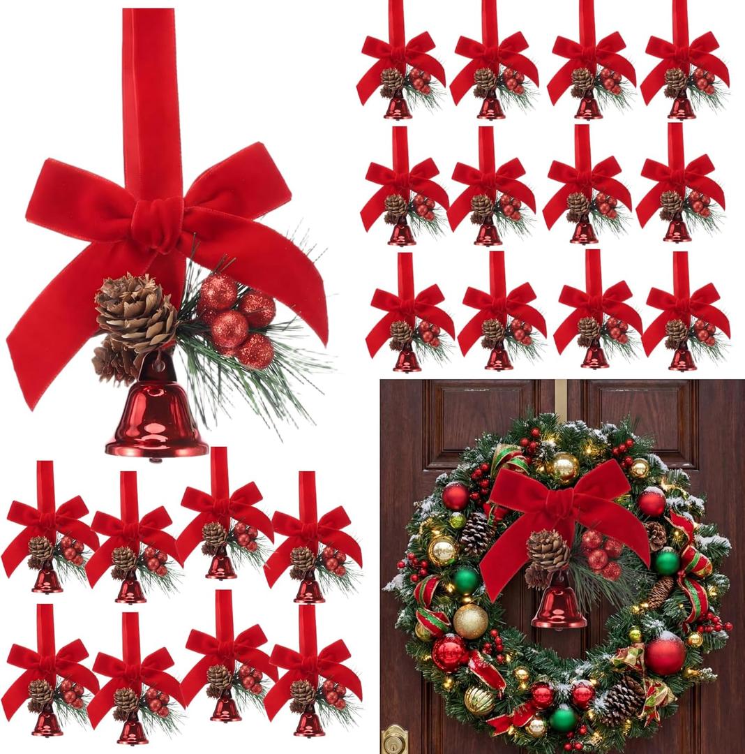 Hollowfly 24 Pcs Hanging Christmas Bells for Wreaths Decoration Jingle Bells with Bow and Pinecone Ornaments for Christmas Tree Home Xmas Door Wreath Gifts Holiday Party Decoration(Red)