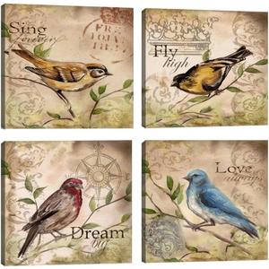 Wall HDQ Bird Wall Art Hummingbird Wall Decor Inspirational Quote Canvas Painting Retro Brown Print Picture for Bathroom Living Room Bedroom Home Decor (10''x10'' x 4Pcs)