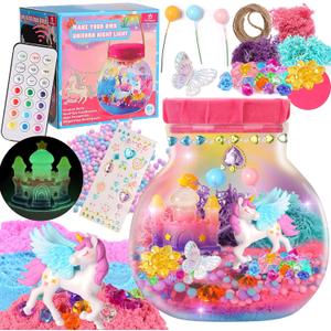 Fnylague Unicorn Terrarium Kit for Girls Light Up with Glow in The Dark Castle Age 6-8 8-10, Unicorn Craft Kits for Kids, Night Light Toys with Hanging Rope & Stickers.