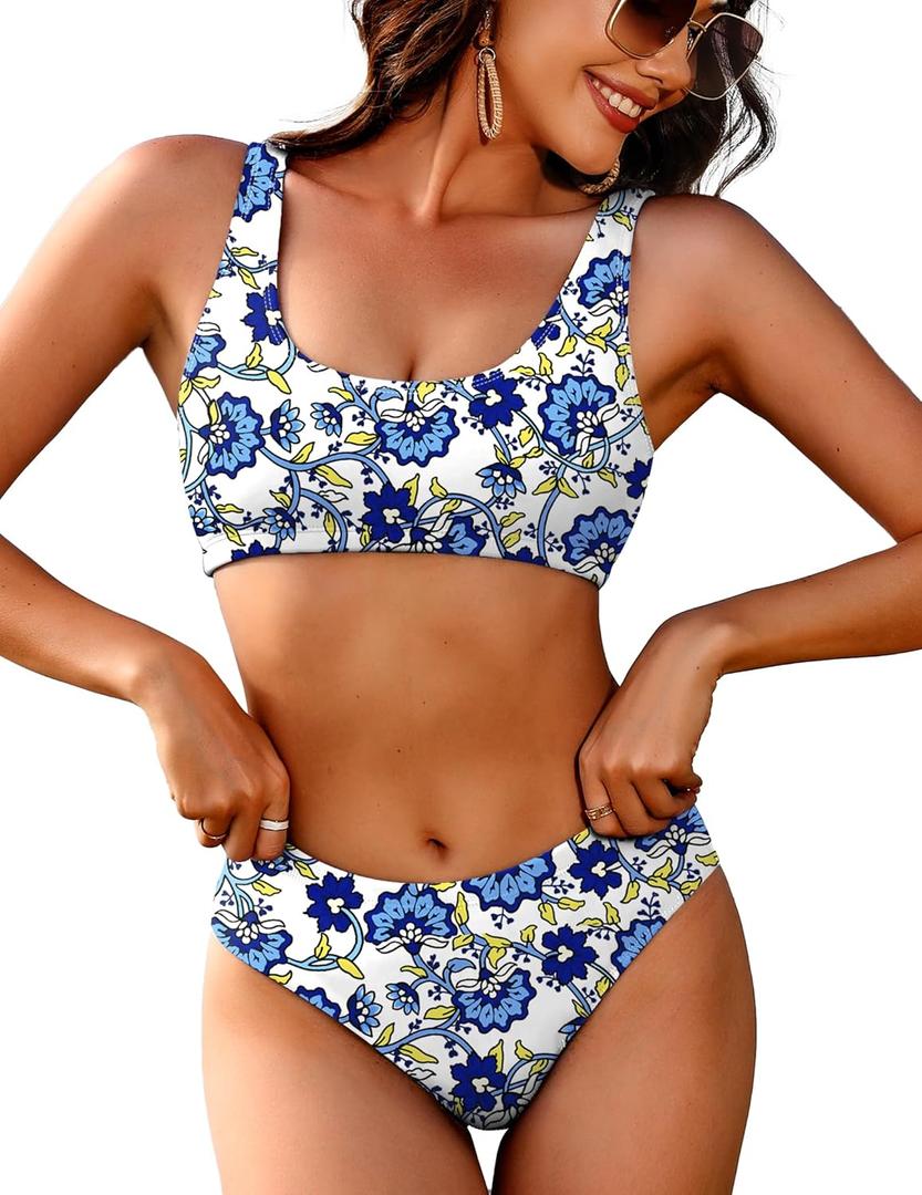 AI'MAGE Women Ribbed Bikini Sets Sporty Swimsuits Scoop Neck Two Piece Bathing Suits High Cut Bikini XS-XXL (Small, Mz443/Blue Flowers)