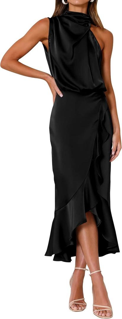 KIRUNDO Women 2025 Summer Fall Satin Mock Neck Wedding Guest Party Cocktail Midi Dress Sleeveless Wrap Ruffle Formal Dresses (Large, Black)