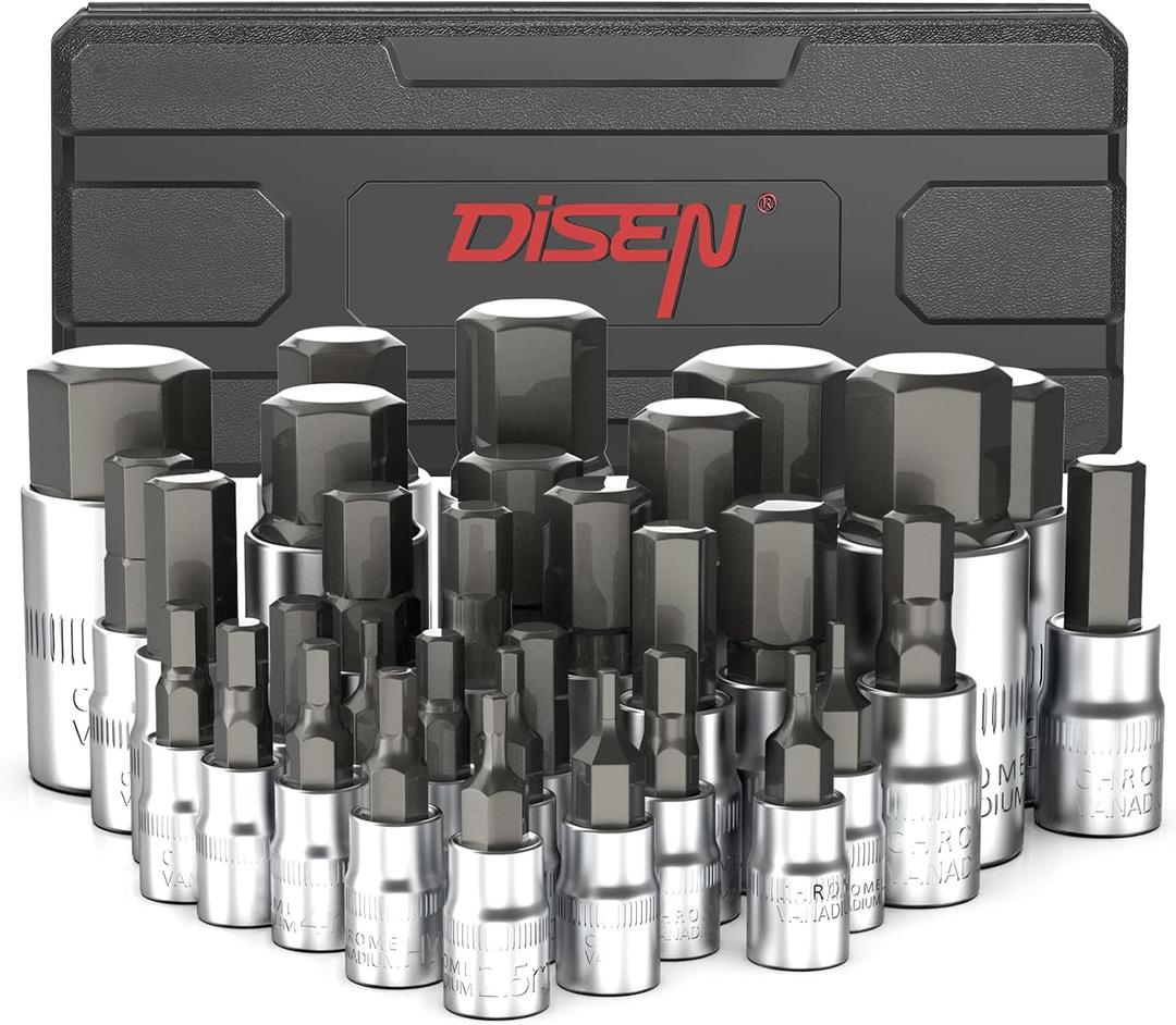 DISEN 32-Piece HEX Bit Socket Set, SAE & Metric Allen Wrench Socket Set with Enhanced Storage Case, Premium Heat Treated Chrome Vanadium Steel & S2 Alloy Steel