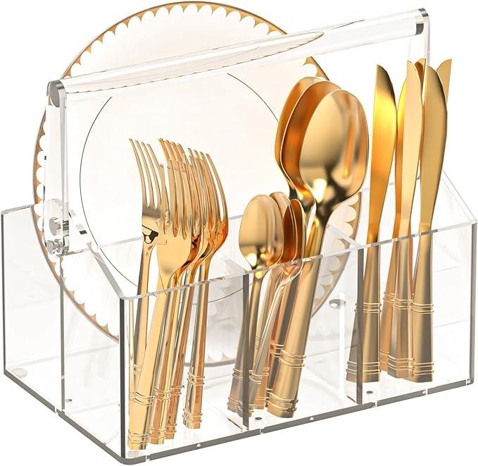 Acrylic Utensil Caddy.Silverware Organizer & Utensil HolderHeavyDuty Countertop Cutlery Caddy for Spoons, Forks, Knives, Napkins, Plates | SpaceSaving Table, Buffet, Picnic Party Essential