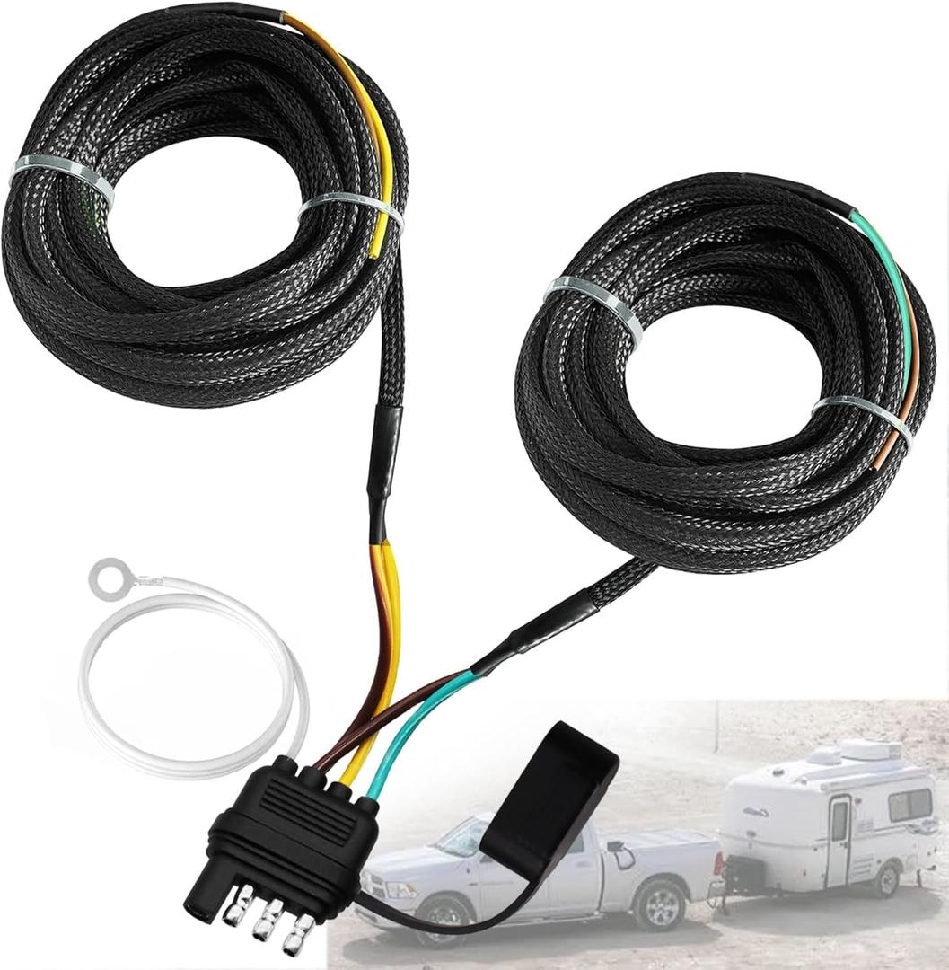 22FT 4 Pin 5 Wire Trailer Wiring Harness,18AWG Trailer Light Kit 4 Way Flat 5 Wire Connector with Nylon Mesh Tube Protection for Rewiring Both-Side Taillights