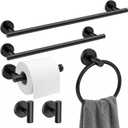 Matte Black Bathroom Hardware Set 6-Piece, SUS304 Stainless Steel Bath Accessories Kit, Includes 24" & 16" Towel Bars, Toilet Paper Holder, Towel Ring, 2 Robe Hooks, Wall Mounted Round Style