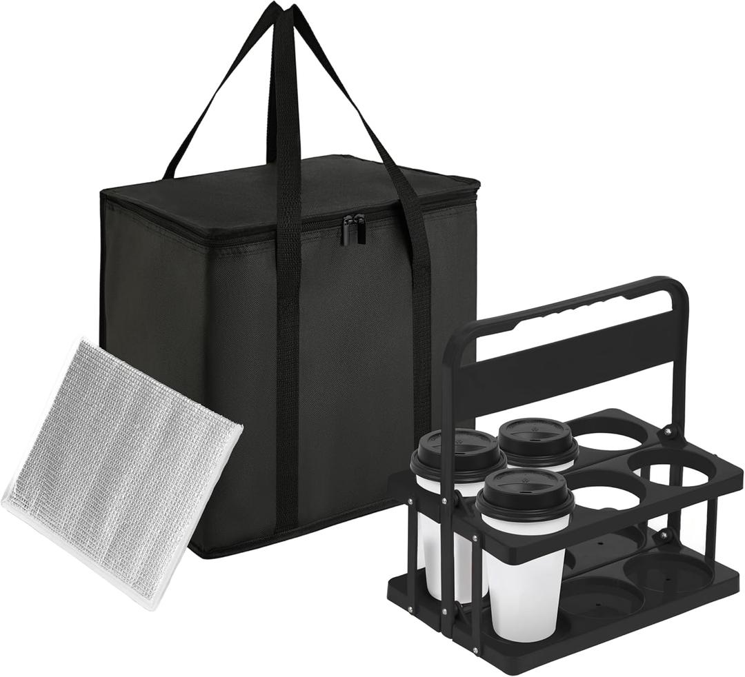 Reusable 6 Cup Drink Carrier with Handle and Insulated Food Delivery Bag, Portable Plastic Cup Caddy, 26L Grocery Cooler Box for Car Delivery, Travel, Picnic (Black)