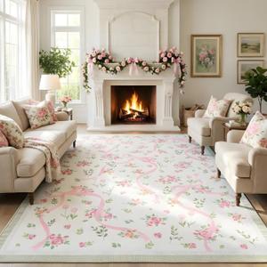 GarveeHome Coquette Pink and Green Rugs for Bedroom Girls, 8x10 Area Rugs for Living Room with Soft Low Pile, Non Slip Floral Bow Washable Rug 8x10 for Nursery Kids Dorm Dining Room Playroom