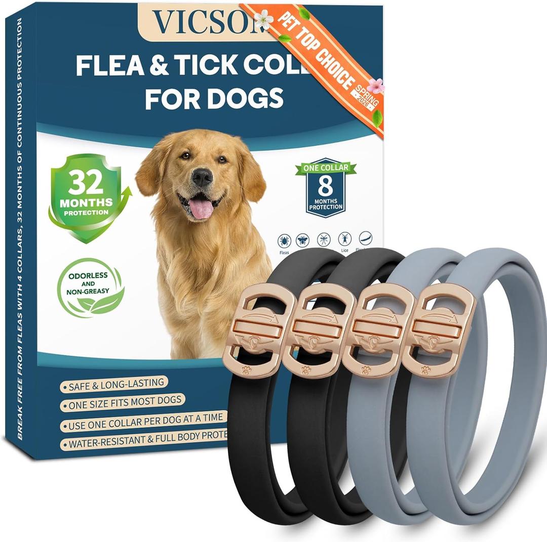 Flea and Tick Collar for Dogs 4 Pack, 32 Months Prevention, Waterproof, Adjustable for Small Medium Large Dogs Puppies (Black and Grey)