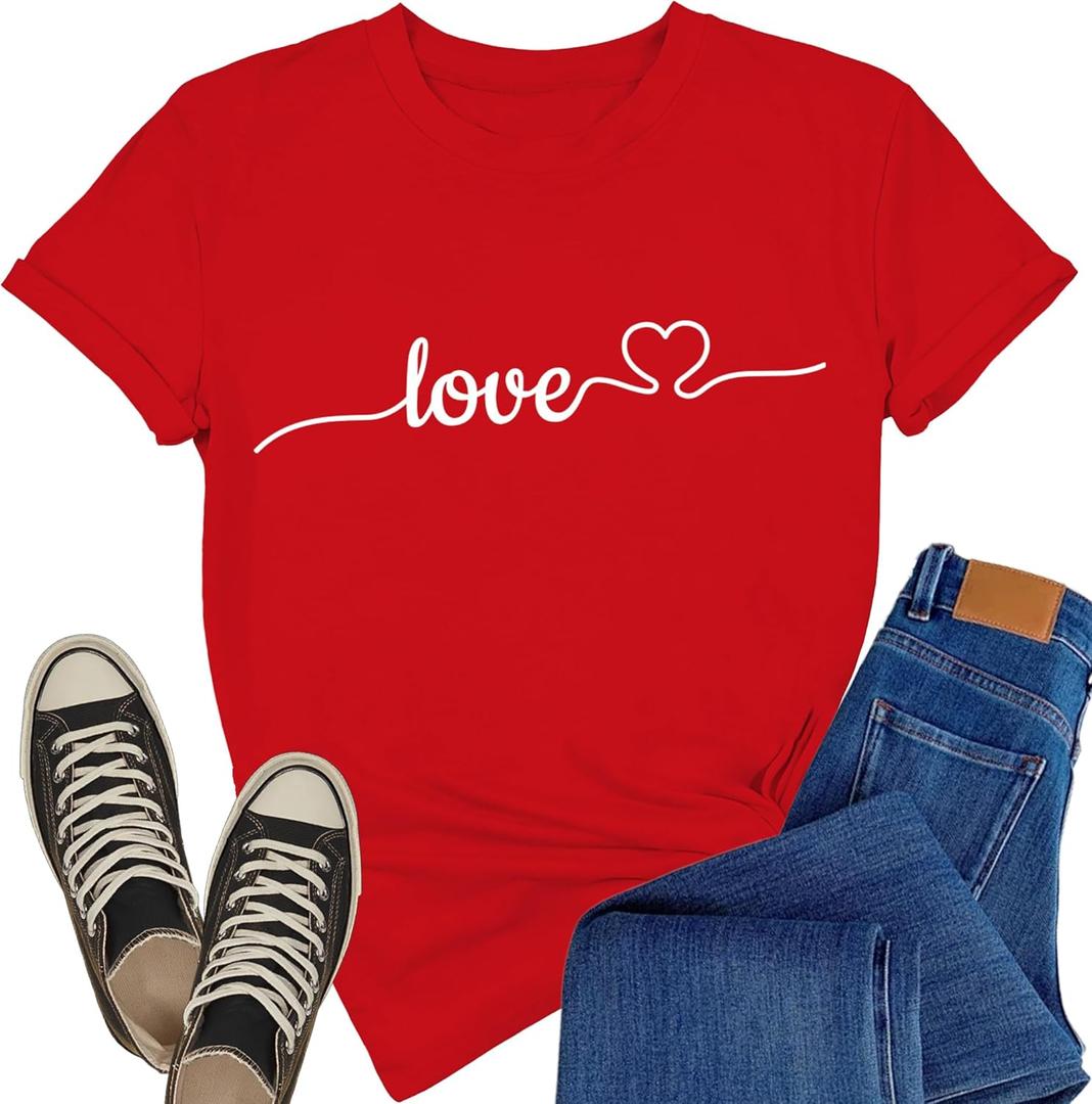 Valentines Day Shirt for Women Valentines Love Heart T-Shirts Romantic Love Tee Tops (Red, M)